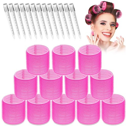 Jumbo Hair Rollers Set - 24 Pieces with 12 Large Rollers and 12 Clips for Voluminous Long Thick Hair (Hot Pink)