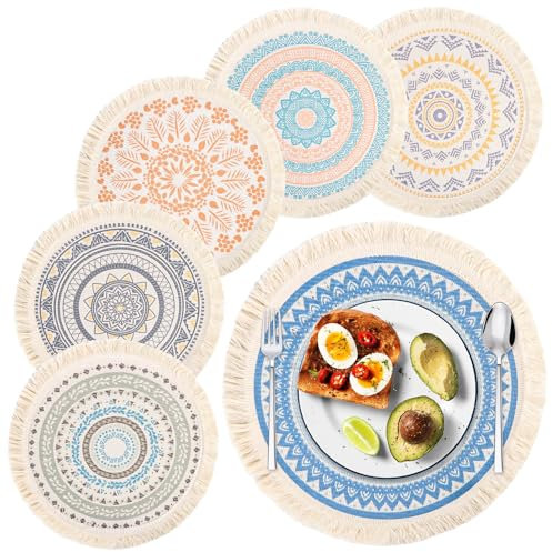 Tischsets 6er Set, Rund 33cm Gewebte Platzsets Hitzebeständige Platzdeckchen, rutschfest Boho Baumwolle Platzsets Untersetzer für Küche Esszimmer Hochzeit Party Bauernhaus Tisch Dekoration