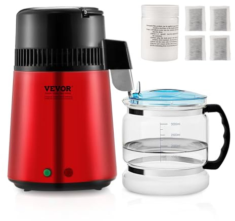 VEVOR Distillateur d'Eau 4 L Machine à Eau Distillée 1 L/h 750 W Machine à Distiller l'Eau Intérieur en Inox Alimentaire Récipient en Verre pour Purification d’Eau du Robinet Maison Bureau Clinique