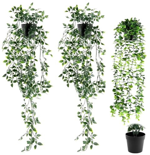 VFANDV Künstlich Hängepflanze 3 Stück, Kunstpflanze Hängend mit Töpfen Künstliche Pflanzen Rebe Deko Wohnzimmer Hängend Plastikpflanzen für Indoor Outdoor Draußen Garten Deko (Grün)