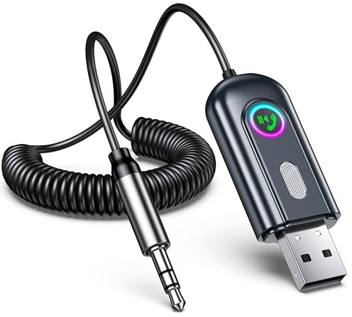 ISEYOU Aux Bluetooth 5.3 Adapter Auto für Freisprechanruf und Wireless Musik, Hi-Fi-Audio & RGB Umgebungslicht, Plug & Play mit Aux und USB für Autoradio/Stereoanlage, Klinke Empfänger
