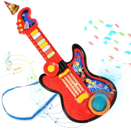 Kid Guitar, 4 in 1 Toddlers Guitar and Piano Guitars for Kids 3-5 with Strap Guitars for Toddlers 2-4 with Lullaby Projector Drum Toy Birthday Gift for 2 3 4 5 Year Old Boy Girl Gift