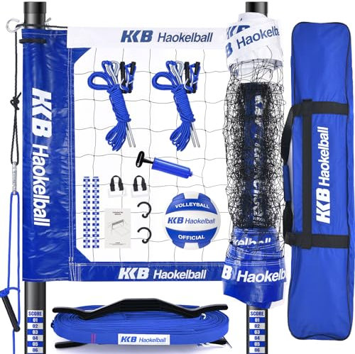 Haokelball Outdoor Volleyball Net Set for Backyard, 32FT Regulation, 3-Level Adjustable Height & Anti-Sag Tension System, Heavy Duty Thick Poles, Includes Volleyball, Pump, Boundary Line and Carry Bag