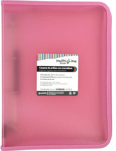 Grafoplás Raccoglitore ad anelli con cerniera A4+, rosa chiaro, Multiline, 4 anelli misti 25 mm, copertina in polipropilene a righe verticali, capacità extra per fogli di carta formato foglio