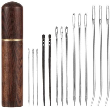 15uds Kit de Agujas de Coser de Cuero, Aguja de Coser a Mano de Ojo Grande Acero Aguja de Tapiz Doblada Resistente Aguja de Cordón de Cuero con Estuche de Madera para Manualidades DIY