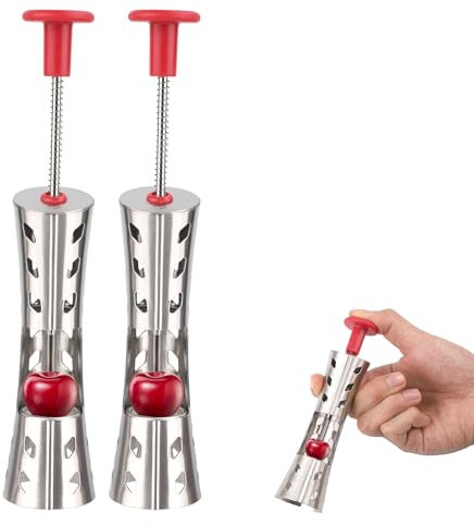 2pz Utensili per Snocciolare Ciliegie, Snocciolatore per Olive e Ciliegie in Acciaio Inossidabile Estrattore di Noccioli di Frutta per Preparare Marmellata di Ciliegie (Rosso)
