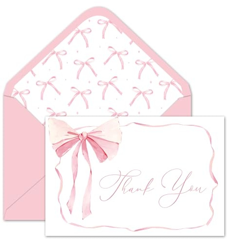 Whaline 24 Pack Pink Bow Thank You Cards Coquette Bow Greeting Cards with Envelopes Stickers Blank Note Card for Wedding Bridal Baby Shower Birthday, 4 x 6 Inch