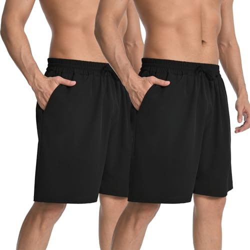 HovSiyla 2 Pack Men's Athletic Sports Shorts Lightweight Breathable Running Gym Training Casual Shorts with Drawstring and Zippered Pockets Black Large