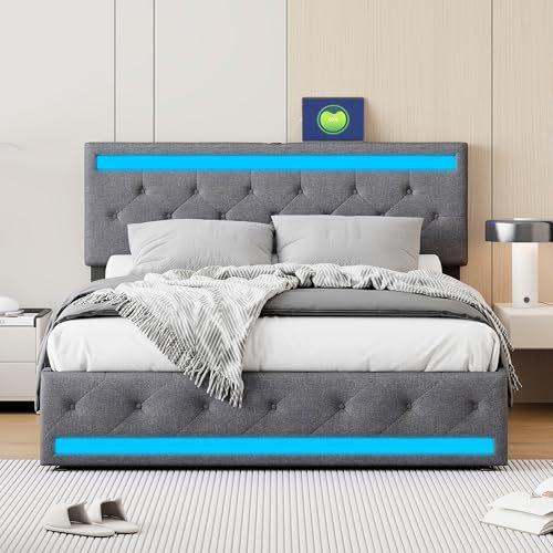 Ravas Doppelbett 180x200 cm mit LED-Beleuchtung, Bettrahmen mit 4 rollenden Schubladen, Ladegerät 1 USB und 1 Type-C, Leinenstoff, ohne Matratze (Grey)