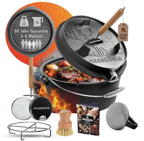 GUSSKÖNIG Dutch Oven Set–Eingebrannter Dutch Oven 7L–Feuertopf Gusseisen ohne Füß–Schmortopf Doppelfunktion-2in1 Deckelheber,Untersetzer,Schrubber,Pflegepaste,Bürste & Rezeptbuch-30 Jahre Garantie