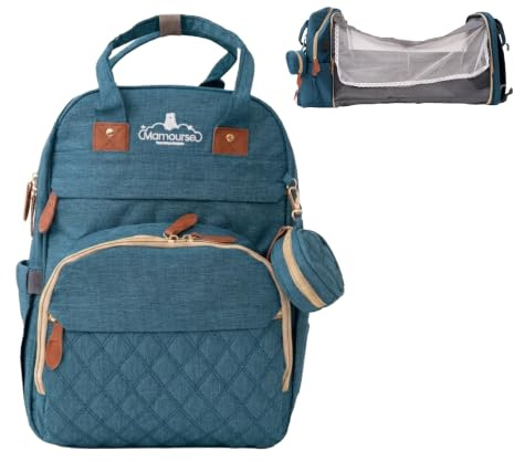 Mamourse Sac à Dos à Langer – Grande Capacité avec 13 Poches, Station de change, moustiquaires, doublure isothérme, Cable USB... Sac de Voyage Multifonction, Imperméable – Bleu