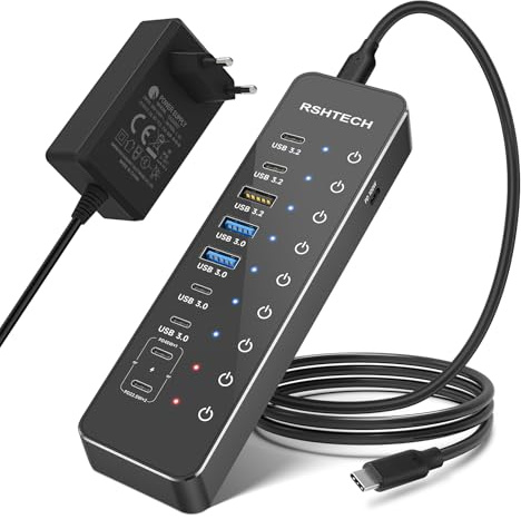 RSHTECH 10-portars USB C-hubb med strömförsörjning, 3 x USB 3.2-portar (2 x typ C x 1 typ A), 4 x USB 3.0 (2 x typ C x 2 typ A), 2 x snabbladdningsportar och PD100W med 66-strömadapter