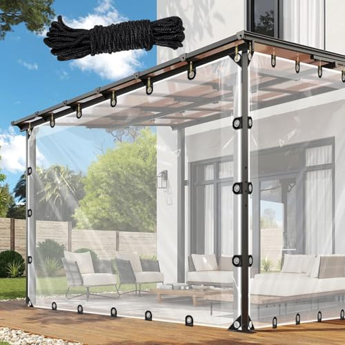 MYJHUIY 8 Mil Clear PVC Tarpaulins 9x13 ft, Waterproof Wind-Proof Transparent Vinyl Tarp for Patio Pergola Garden Canopy Rainproof Anti-Tear PVC Cover with Grommets