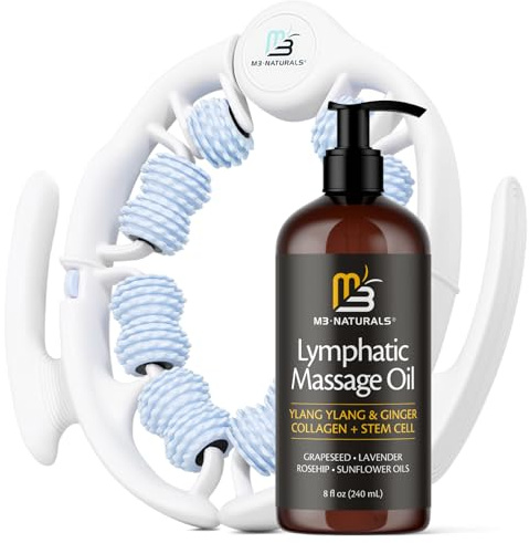 Lymphatic Massage Oil & Roller Kit for Massage Therapy - Ylang Ylang & Ginger Lymphatic Drainage Oil & Massager for Circulation & Detox Support, Non-Greasy Formula & Easy to Use Roller (8 Fl Oz) by M3