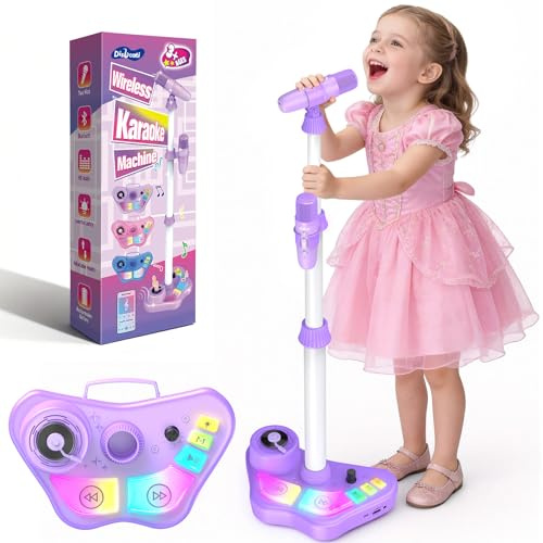 Dislocati Microfono per Bambini con Supporto Regolabile, 2 Microfoni con Luci LED, Altoparlante Portatile con Luci Sfarfallanti, Giocattolo Musicale per Bambina Bambino 3+ Anni (Viola)