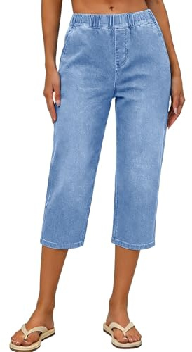 Pantalones Capri de Mezclilla para Mujer Cintura elástica 3/4 Pantalones Cortos Tiro Medio Pantalones Vaqueros Cortos 3/4 Capri Verano Casual Jeans Shorts para Viajes, Vacaciones, Trabajo, Oficina
