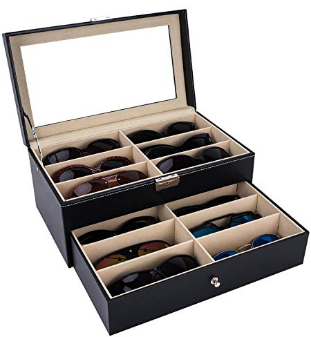 AUTOARK Boîte à bijoux en cuir PU,Pour 12 lunettes de soleil,Rangement verrouillable,Couvercle en verre,Noir,AWU-026