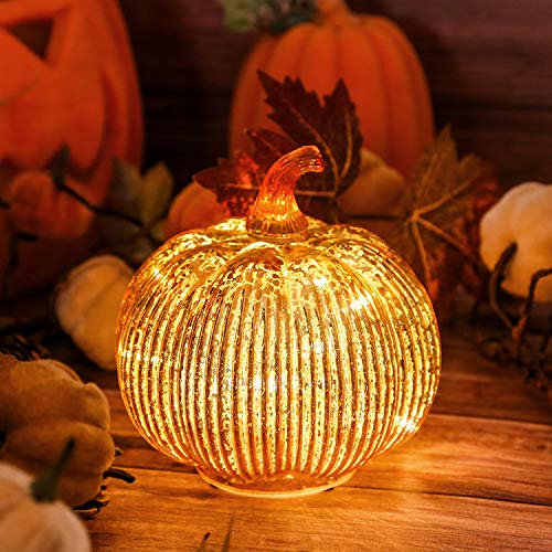 hvfun Mercury Glass illumina zucca con timer, decorazione autunnale per la casa, lampade per decorazioni festive, decorazioni di Halloween (oro)