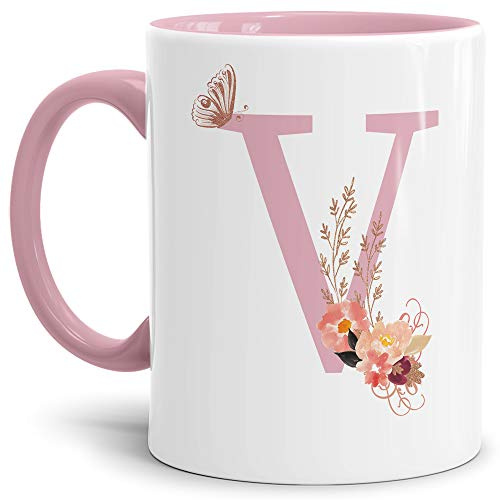 Buchstaben-Tasse mit Blumen - Buchstabe V - Innen & Henkel Rosa - Mug/Cup/Becher/Edel/Geschenk-Idee/Beste Qualität - 25 Jahre Erfahrung