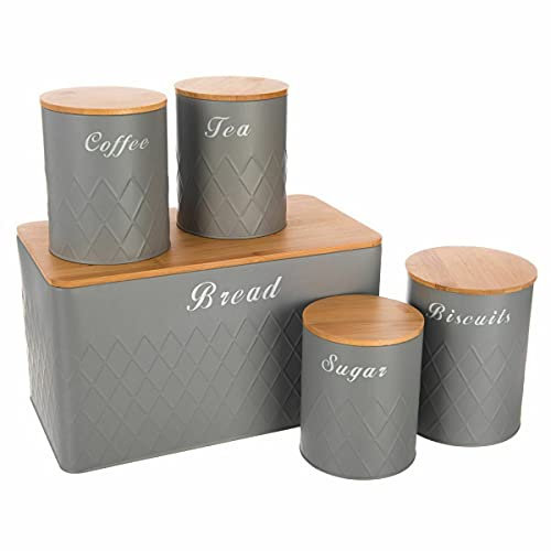 5Pcs Kitchen Set Storage Tins Canister Set Bamboo Lid Tea Coffee Sugar Bread Bin Jar, Black,gray ,White