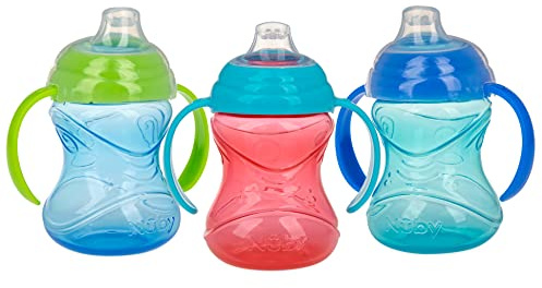 Nuby Clik-It Grip N' Sip Soft Spout No-Spill Training Sippy Cup with Handles - (3-Pack) 10 oz - 4+ Months - Blue/Green/Red