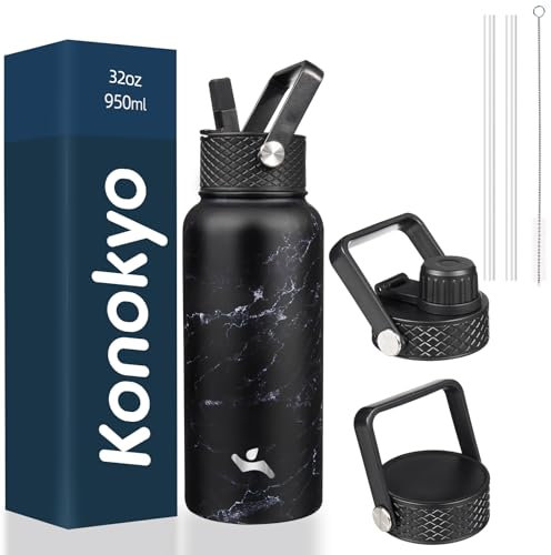 Konokyo Insulated Water Bottle with Straw,32oz 3 Lids Metal Bottles Stainless Steel Water Flask,Marble Midnight