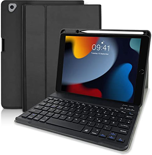 Tastatur Hülle für iPad 10.2 Zoll (9./8./7. Gen, Air 3, Pro 10,5) - Wireless Abnehmbare QWERTZ Tastatur Mit Schutzhülle und Pencil Halter - Schwarz