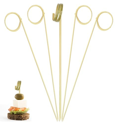 EXNIMA 50 Piezas, Palillos de Bambú para Cócteles y Brochetas, Accesorios Originales para Fiestas y Barbacoas,Palitos de Madera Reutilizables,Utensilios de Cocina (9 cm, Espiral Pack 50)