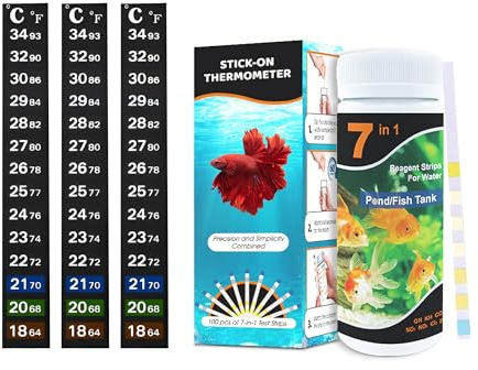 SunGrow Test Kit for Aquarium, Accurate Water Quality Monitoring, Essential Tool for Fish Keepers and Tank Maintenance, 1 Bottle with 100 Strips & 3-Piece Sticker Thermometer, 1 Set Per Pack