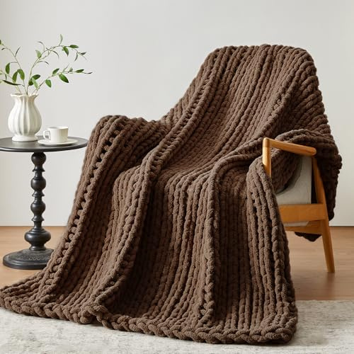 Negwoo Chunky Knit Throw Blanket, 50''*60'' Chenille Throw Blanket for Bed Couch, Dark Brown, 50X60, Machine Washable