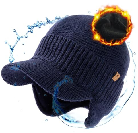 TOP-EX Waterproof 80% Merino Wool Peaked Beanie Hat Men with Earflaps Oversized Winter Hats with Brim Warm Fleece Lined for Big Heads Newsboy Baker Boy Cap for Golf Running Navy Blue L/XL