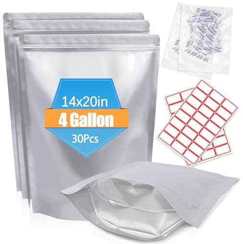 NexLevVac 30 sacchetti in Mylar da 10 ml, 35,6 x 50,8 cm, con assorbitori di ossigeno e etichette, con cerniera verticale richiudibili e termosaldabili per la conservazione di alimenti a lungo termine