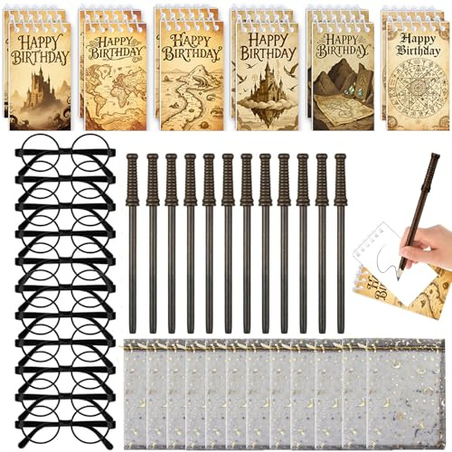 Augweyang Wizard Stationery - Forniture per bomboniere per feste con 12 sacchetti regalo, 12 matite magiche a forma di bacchetta, 12 quaderni, 12 occhiali con montatura per regali per feste di