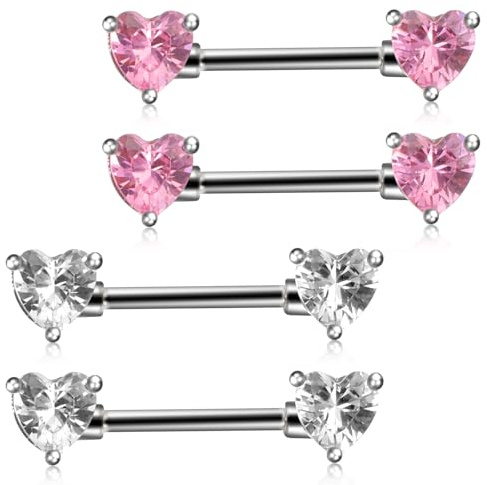 Josojoou 2 Pairs 14G Heart Nipple Rings, Stainless Steel Love Heart Barbell Tongue Rings Set, Nipple Piercing Barbell Ring Jewelry for Women Men(16mm)