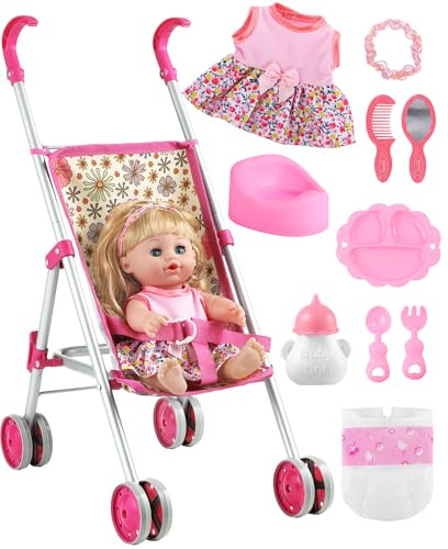 GAGAKU Ensemble de Landau de poupée avec poupée de 30 cm et Accessoires, Poussette Jouet Pliable pour Fille à partir de 3, 4, 5, 6 Ans, Motif Marguerites