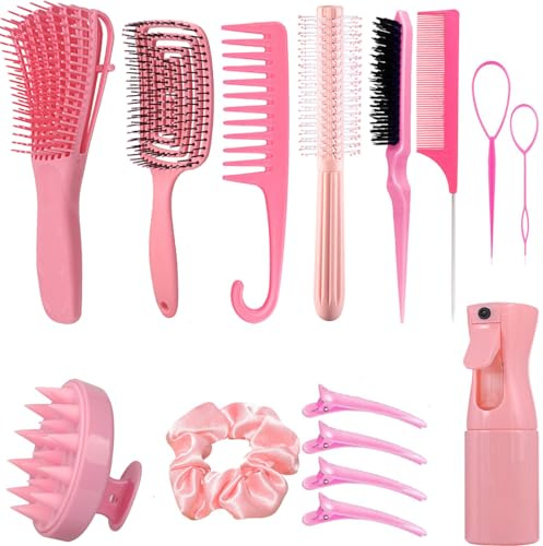 FREECOZYER Hair Brush Set, 15 Pcs Comb Tools with Spray Bottle, Edges Comb, Curly Hair Brush, Round Brush, Scalp Brush And Hair Clips,Hair Care Styling Tools (Pink 2)