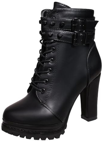 NHBEOEN Women's Leather Studded Chunky Heel Ankle Boots with Side Zipper Fashion Round Toe Buckle Strap Lug Sole High Heel Goth Booties for Party Dates Motorcycle Boots (black,8)