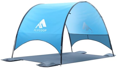 Flycoop 2026 Upgraded Beach Umbrella Canopy with UPF 50+ UV Protection – Portable Beach Tent for Sun, 360° Ventilation, 4 Sandbags, Dual Pockets, Stakes & Ropes, 90.5*59*53 inch for 3 People