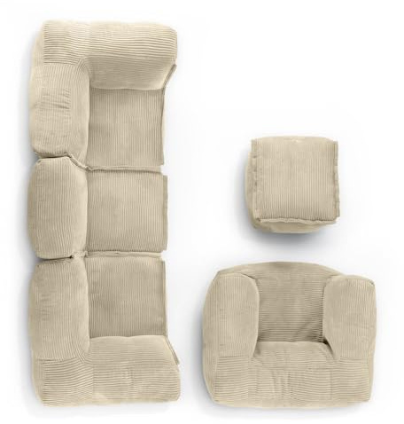 LUMALAND Ensemble modulaire basique en velours côtelé - Canapé avec fauteuil et pouf - 5 sacs d'intérieur avec rembourrage - Canapé modulaire avec perles EPS - Coussin d'assise XXL pour salon, chambre
