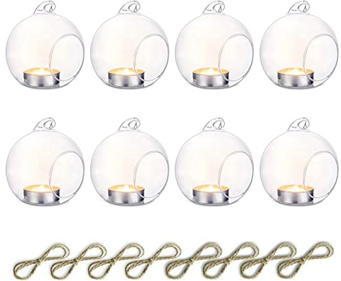 Nuptio 8cm Dia 8 Pcs Hanging Glass Globe Tea Light Candle Holders Home Wedding Party Halloween Centerpieces Decor Indoor & Outdoor Tealight Candleholders, Christmas Candle Holder Decorations