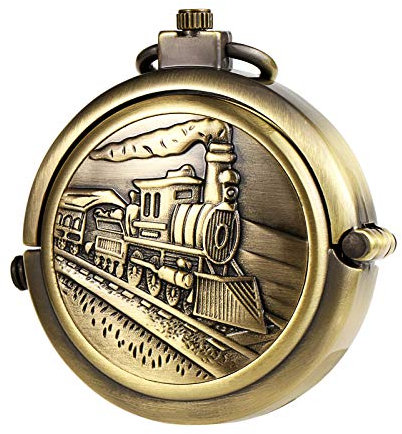 TREEWETO Unisex Taschenuhr mit Kette Analog Handaufzug Mechanisch Pull-Sonderform Zug Lokomotive Groß Hohl Fall Bronze