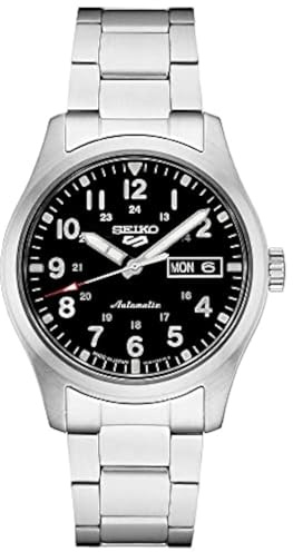Seiko SRPG27 Automatic Watch for Men - 5 Sports - Black Dial, Day/Date Calendar, Luminous Hands & Numeral Markers, Stainless Steel, 100m Water-Resistant