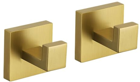 TURS Brushed Gold Towel Hooks Wall Mounted Clothes Screw in Robe Hook | 2 Pack Heavy Duty SUS304 Stainless Steel Coat Hook for Bathroom Kitchen Garage