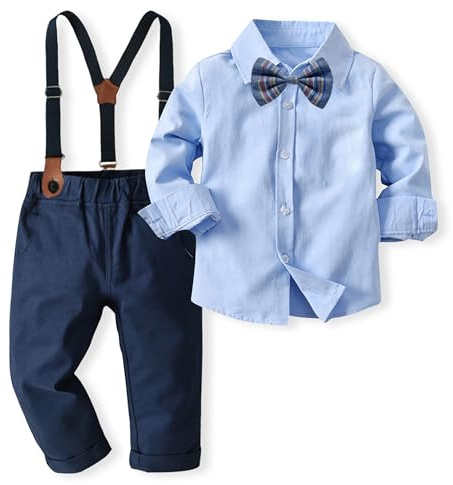 Volunboy herr-kostym för bebispojkar, formell fluga för småbarn, skjortor + hängslen, byxor, outfit i 4 delar, BLÅ, 5-6 År