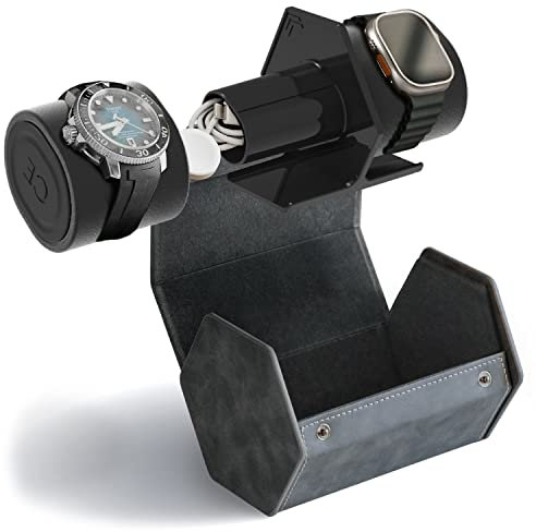 CASE ELEGANCE Étui de voyage de protection pour rouleau de montre à 2 fentes - Organisateur de montres de qualité supérieure, avec cuir végétalien - (gris)