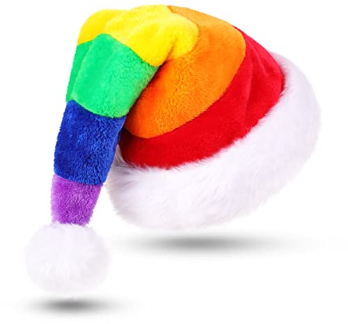 CITÉTOILE Gorro de Papá Noel Unisex Para Adultos Con Pompones y Alas Peludas, Capa Interior Gruesa, Rayas Horizontales Arcoíris