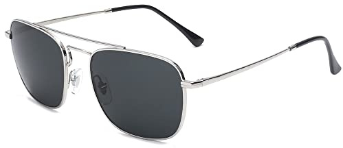 JIM HALO Lunettes de Soleil Pilote Carrées Rétro Verres en Verre de Qualité Supérieure Lunettes Plates en Métal Hommes Femmes(Argent/Gris)