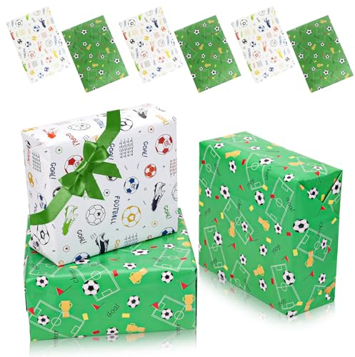 JETOP Papel de Regalo Fútbol, 6 Hojas para Cumpleaños Con Cinta de Raso, 70 X 50 cm, para Envolver Regalos, Christmas, Fiestas para Niños y Niñas