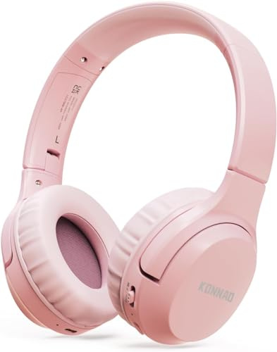 KONNAO Barnhörlurar trådlösa 60H, vikbara on ear hörlurar med MIC, volymbegränsare 85 dB/94 dB trådlösa hörlurar, over-ear hörlurar för barn vuxna skola online klass resor, rosa