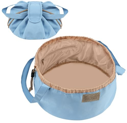 URAQT Sminkväska med dragsko, Kosmetikpåse med stor kapacitet för resor, Bärbar Quick Pack Sminkningsväska för Lazy Drawstring, Magisk kosmetikväska Dragsko med liten ficka (Kvinnor, blå, 1PCS)